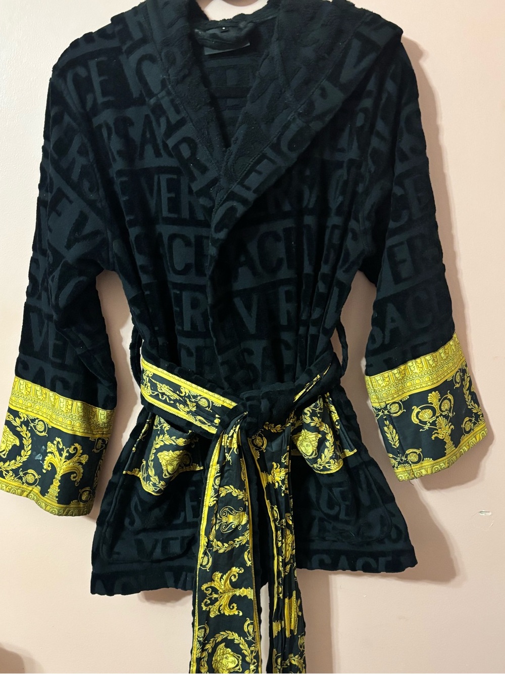 Versace Black and Gold Hooded Velvet Robe with Baroque Trim